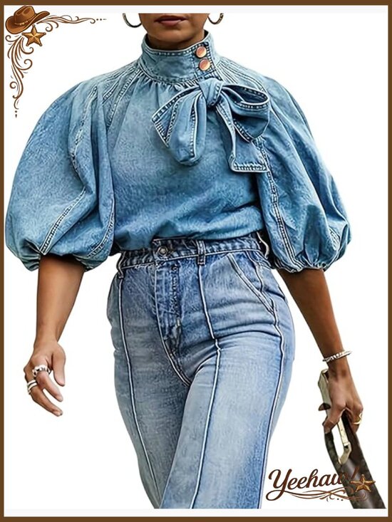 Jackets & Blazers - Women's Denim Pullover Top Bow Button Mock Neck Puff Sleeve Jacket